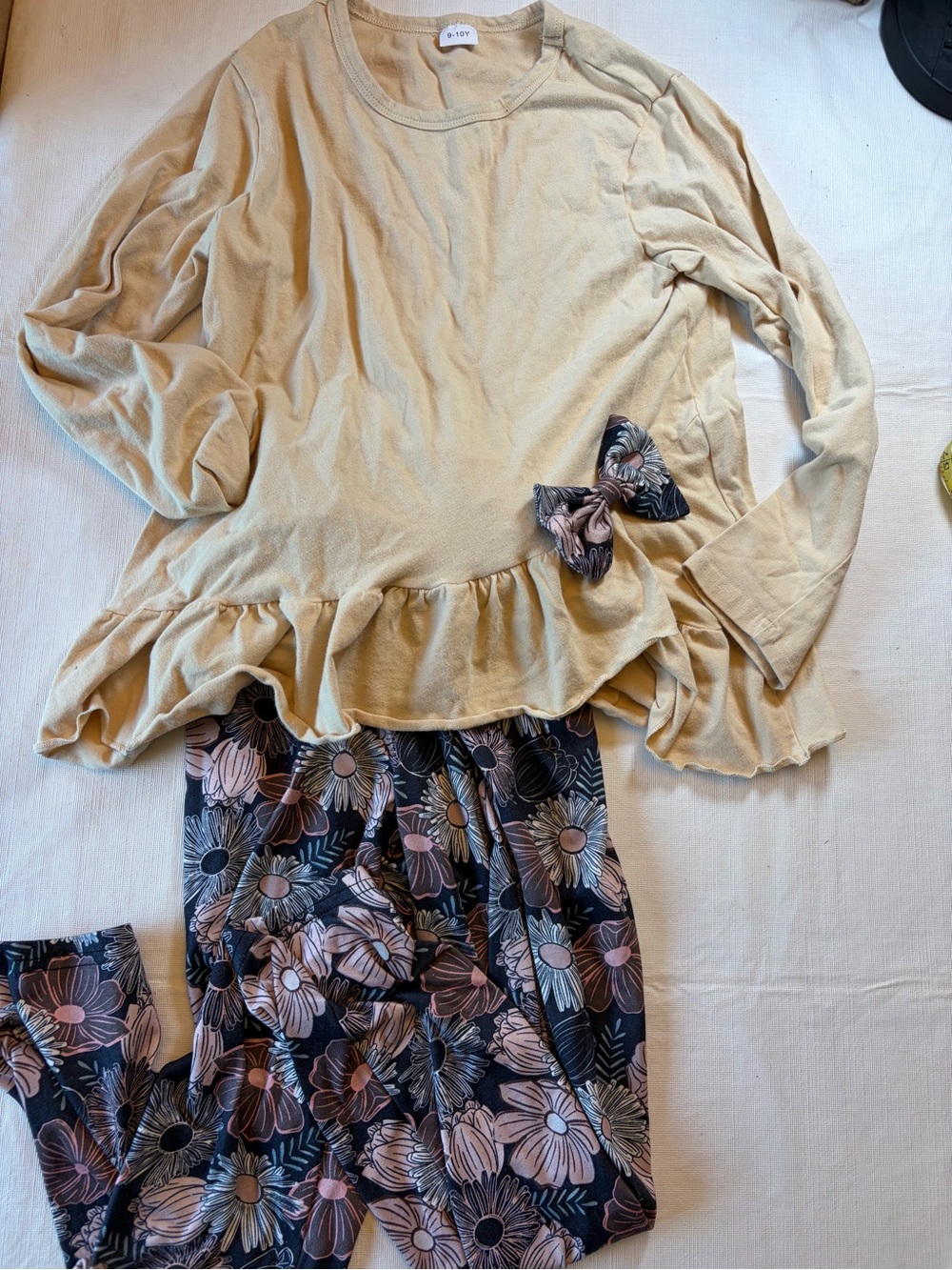 Girls fall coordinate outfit Cream Ruffle Hem Top with Floral Bow Accent